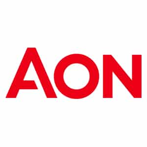 Corporate logo for Aon - Red text on clear background