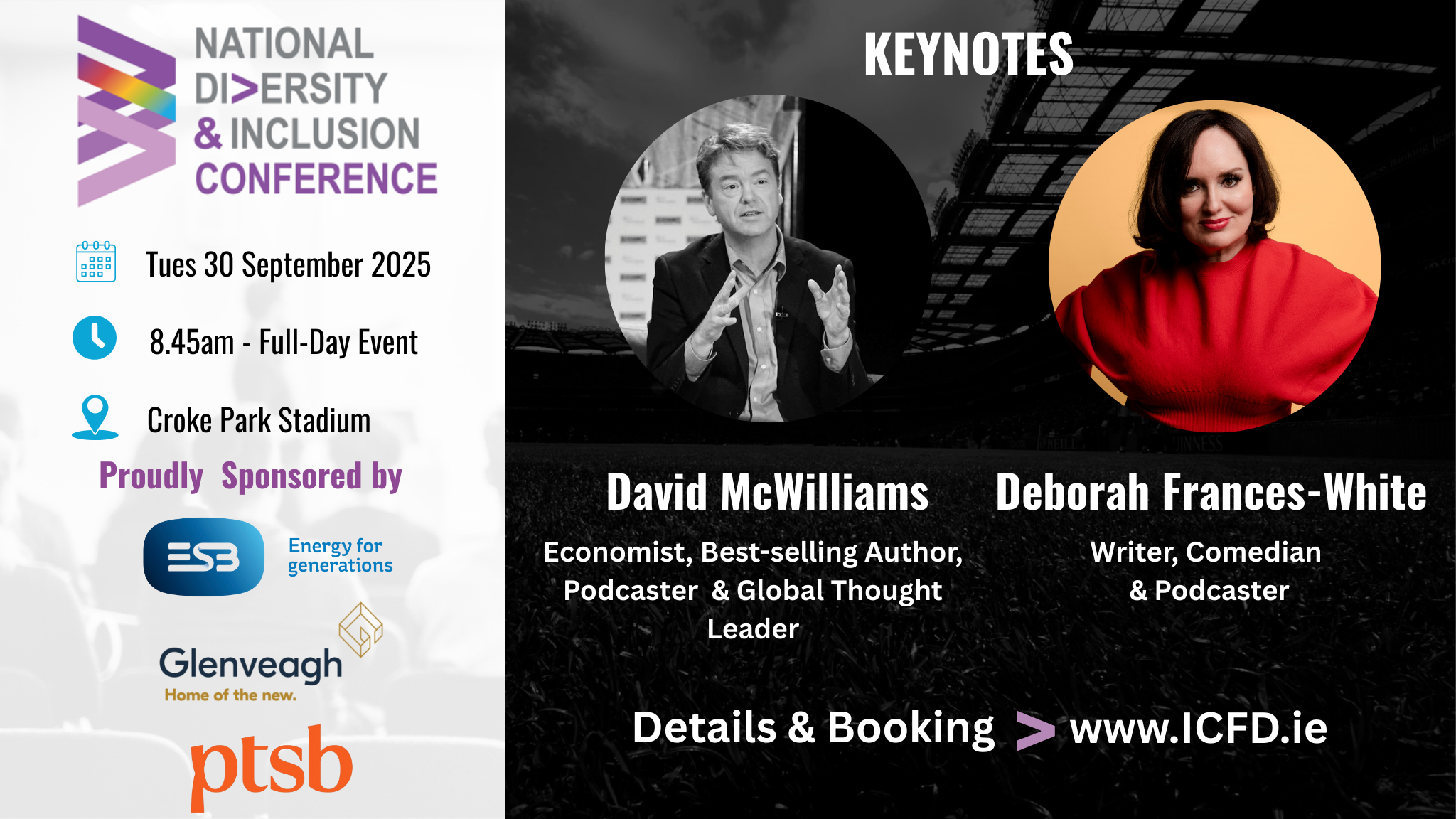 Digtal flyer for an upcoming event. image shows two head and shoulders shots of speakers at the event along with date, time and venue details