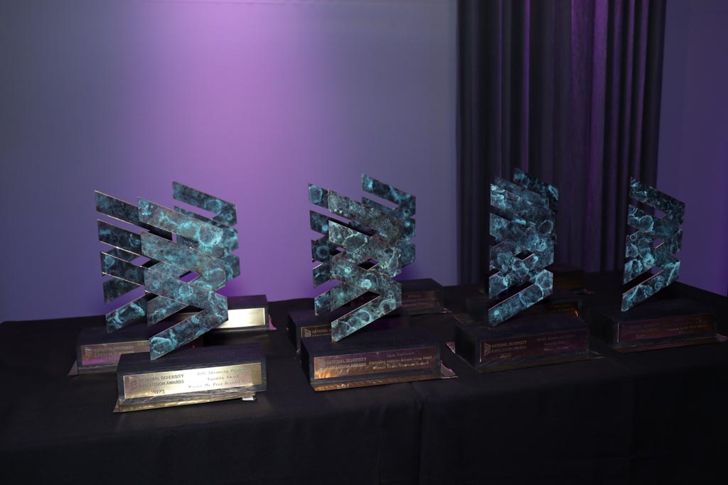 A selection of award trophies on a table top