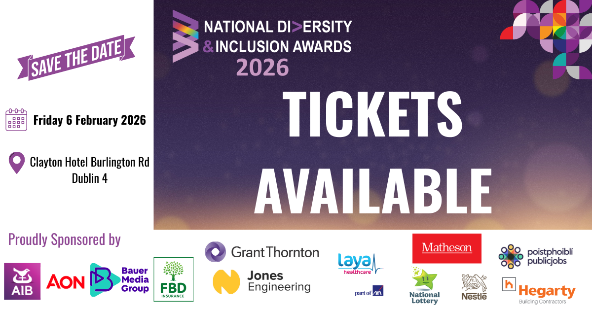 Digital flyer for an upcoming event. Image shows two panles side by side. left-hand panel shows black text on white background. text gives date and venue details. Right-hand panel has white text on a graded purple background. Text says "Tickerts available"