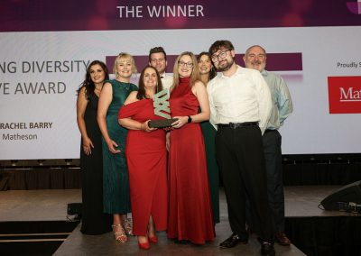 Seven smiling people standing shoulder to shoulder on a stage