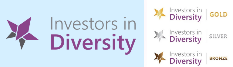 Investors in Diversity logo on a light blue background with IiD Gold, Silver and Bronze logos stacked on right-hand side