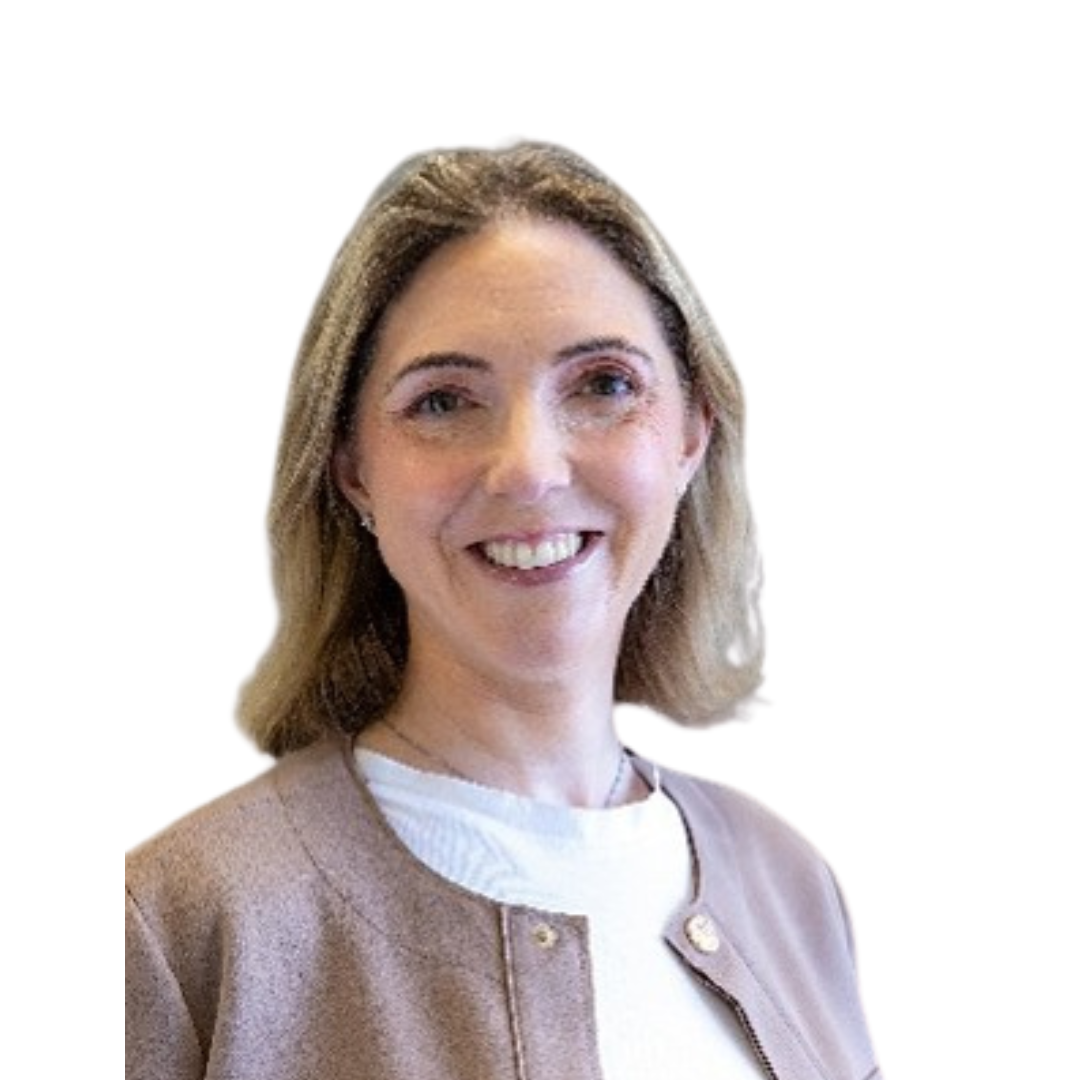 Head and shoulders shot of a smiling person wearing a lilac cardigan over a white top