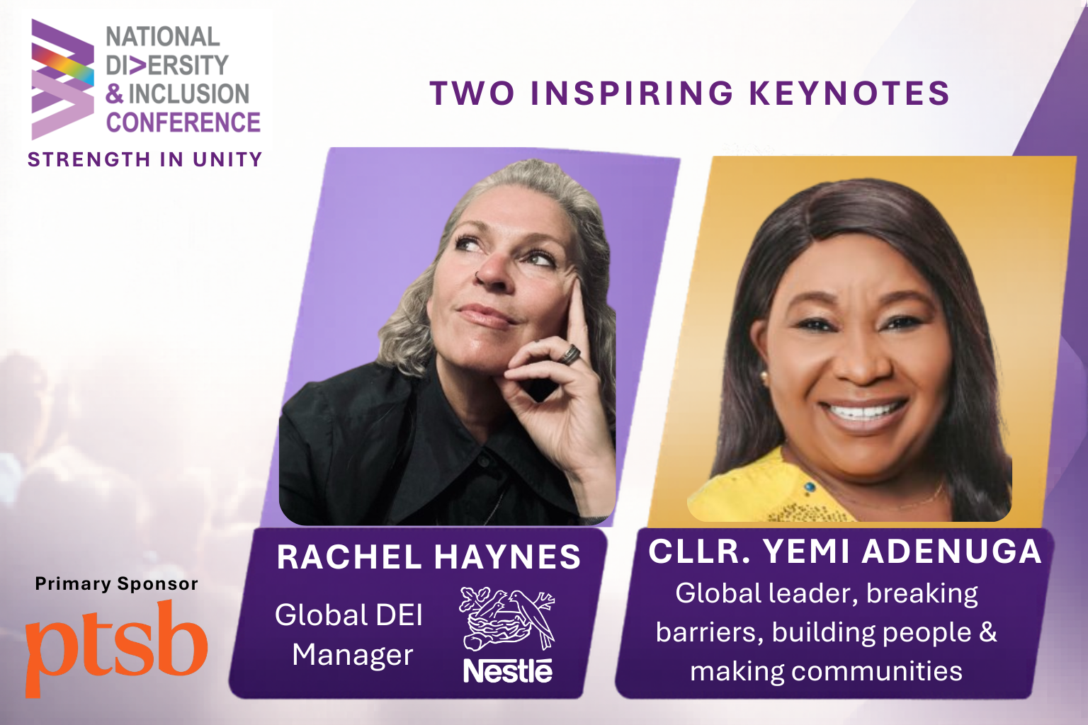 Digital flyer for an upcoming event. Image shows text on a white background, two organisation logos all on the left of the graphic. The right side shows two prominent head and shoulders photos with text boxes giving their names and titles.