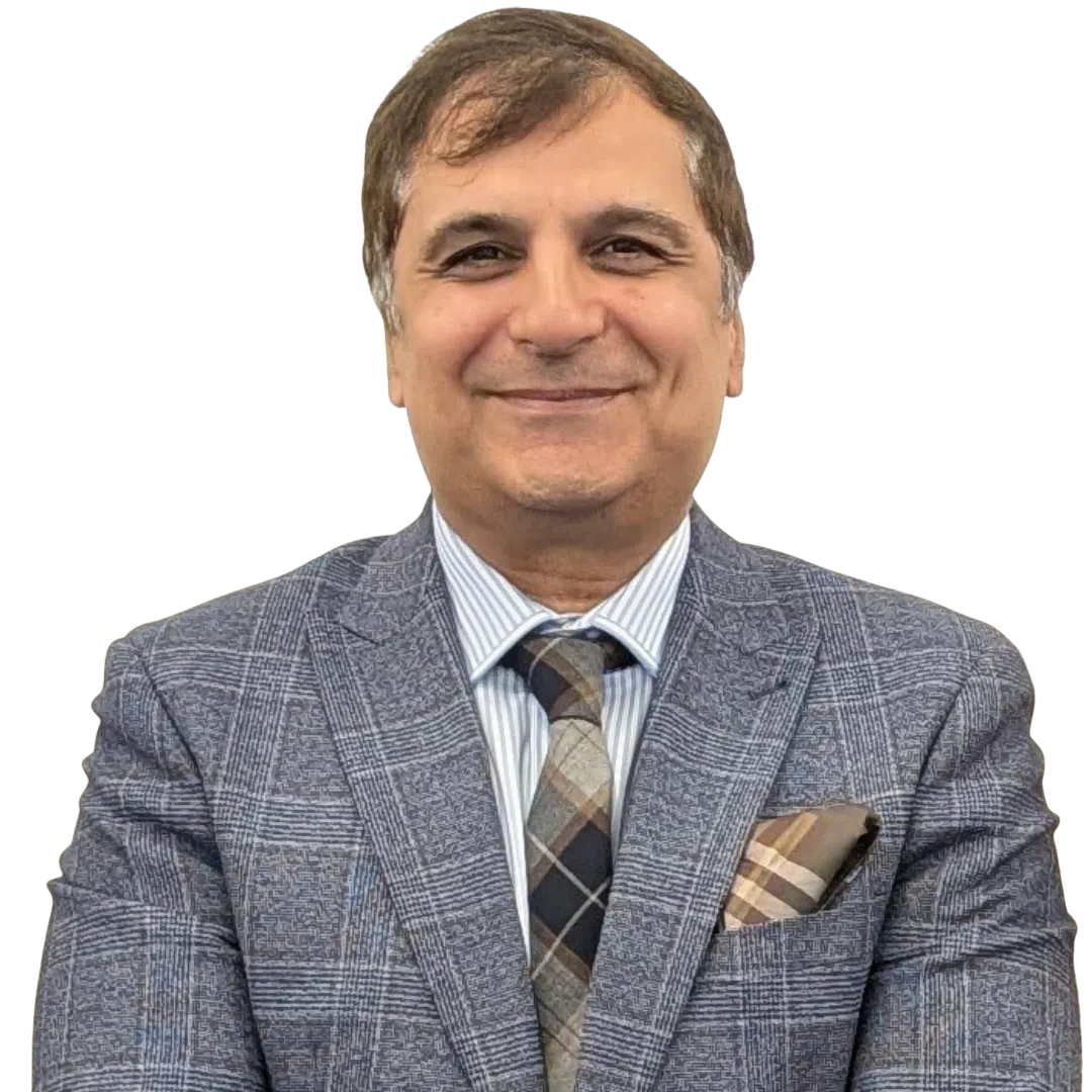 Head and shoulders shot of a smiling person wearing a light blue jacket over a light blue shirt with tie