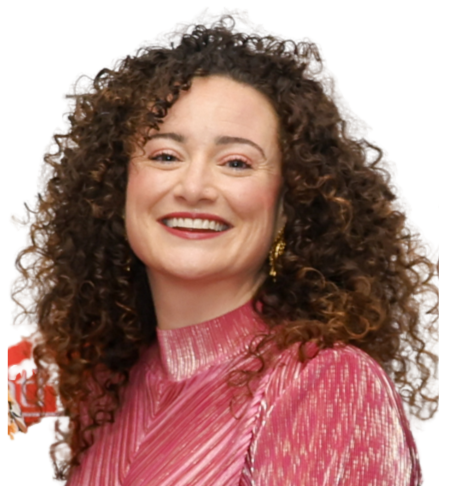 Head and shoulders shot of a smiling person wearing a bright pink dress