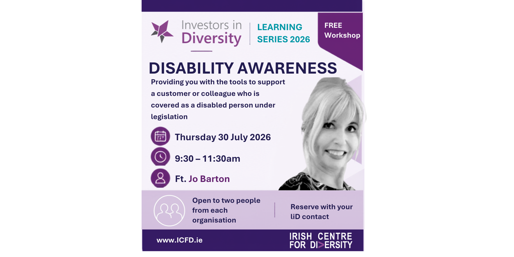 A digital flyer for an upcoming event. Image shows black text about the event on a white background with a light purple gradient effect from the top left corner. Also features a head and shoulders photo of a smiling person, the Investors in Diversity logo and the Irish Centre for Diversity logo