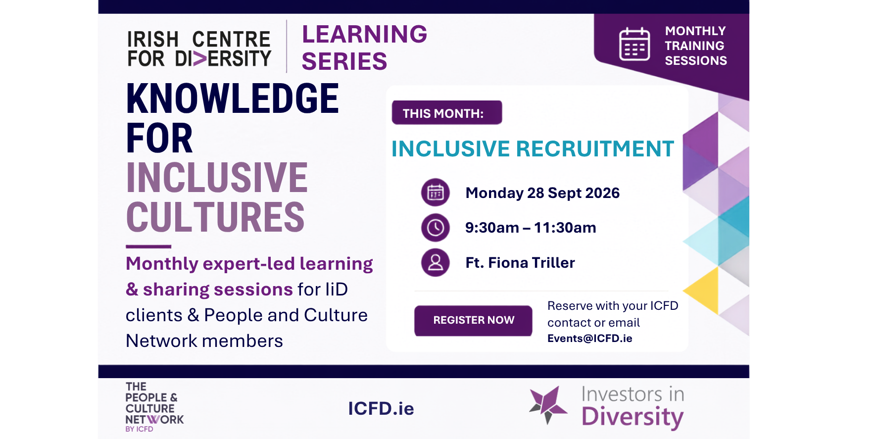 A digital flyer for an upcoming event. Image shows black text about the event on a white background with a light purple gradient effect from the top left corner.