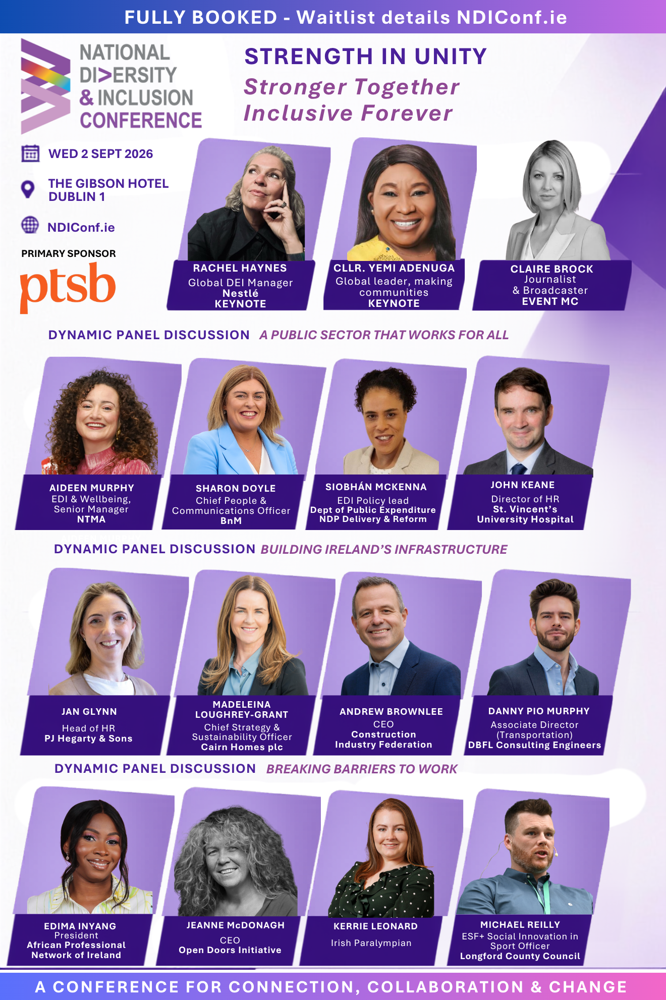 Digital flyer for an upcoming event. graphic shows purple text on a white background giving details of the event name, venue and timing. Graphic also features 15 head and shoulders shots of smiling people and text with their names and titles