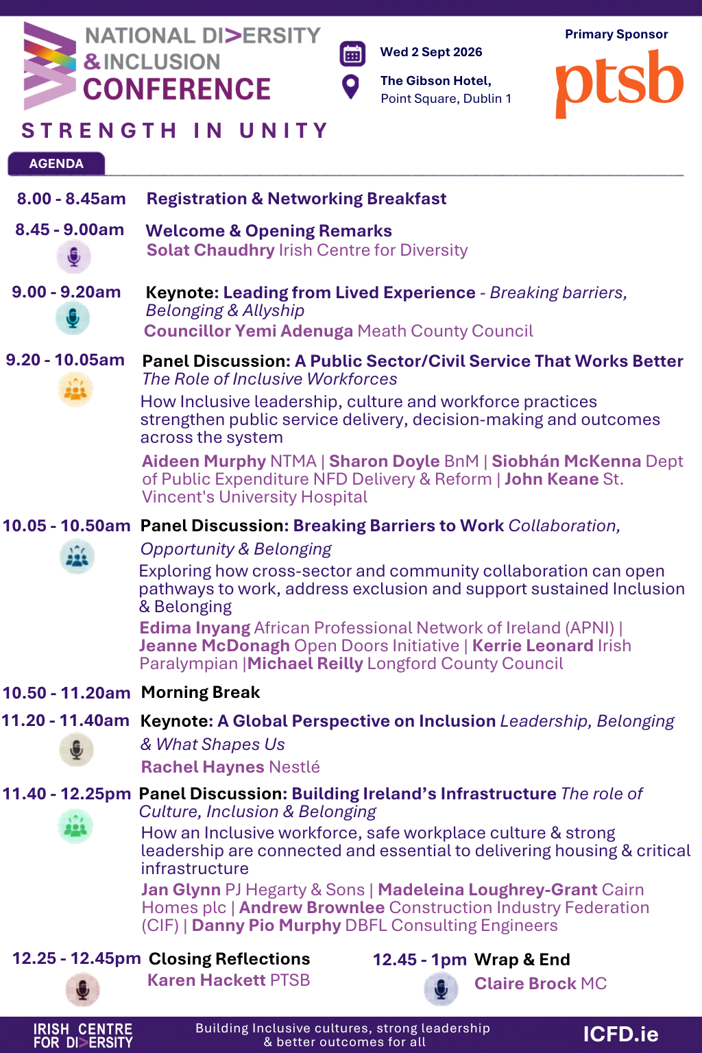 Agenda for an in-person event. graphic features dark coloured text on a white background along with vasrious colourful icons and organisation logos