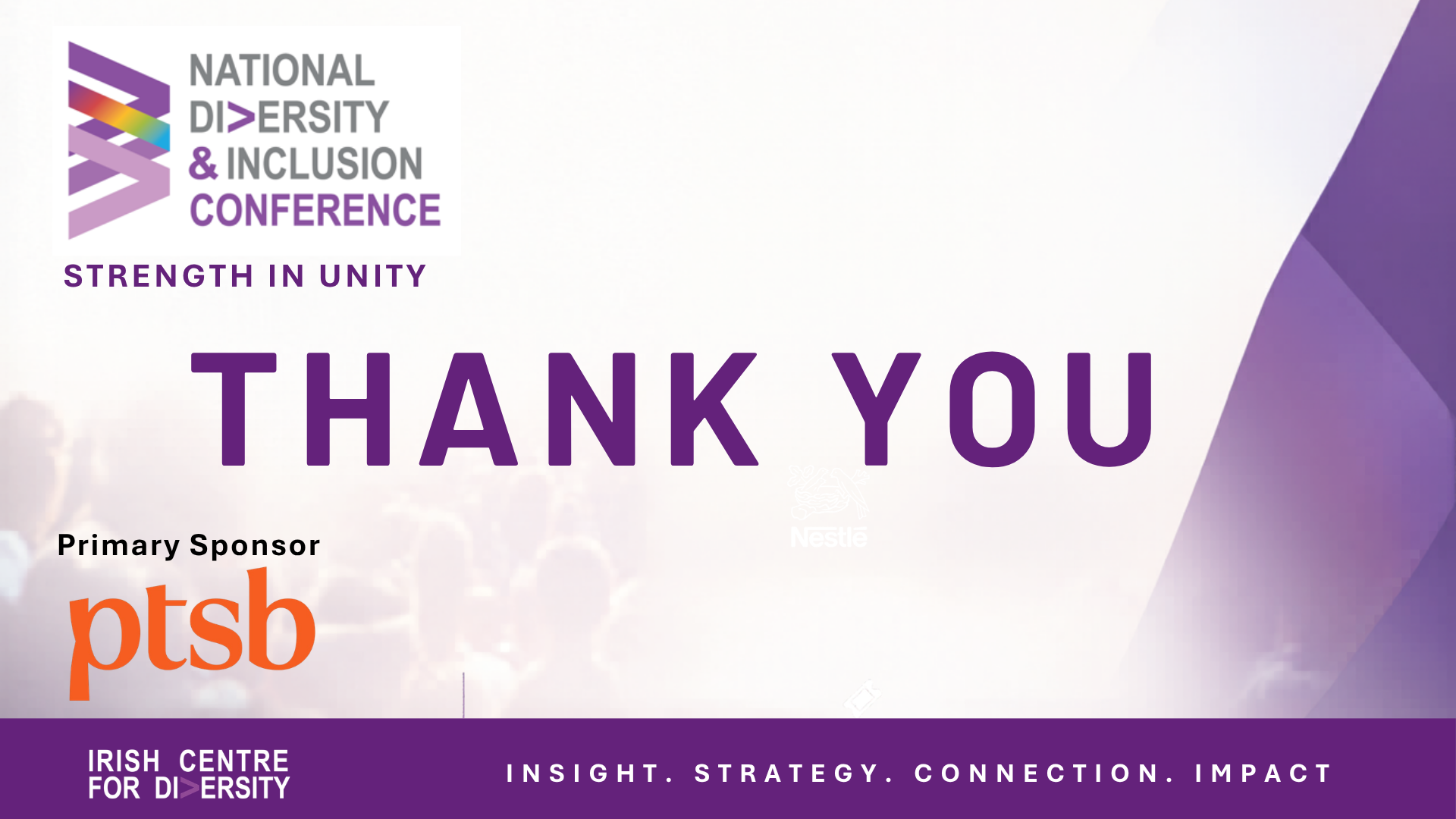 Graphic for an event with 2 colouful organisation logos and dark purple text saying: Thank You in capitals