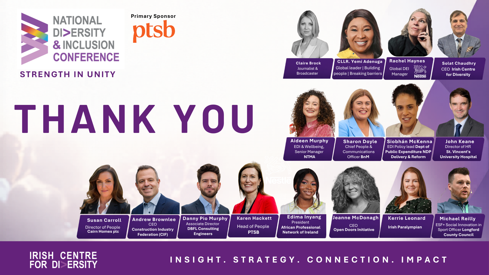 digital flyer for an event. Image shows 13 head and shoulders shots of smiling people side by side, along with purple text saying 'Thank You' and various organisation logos