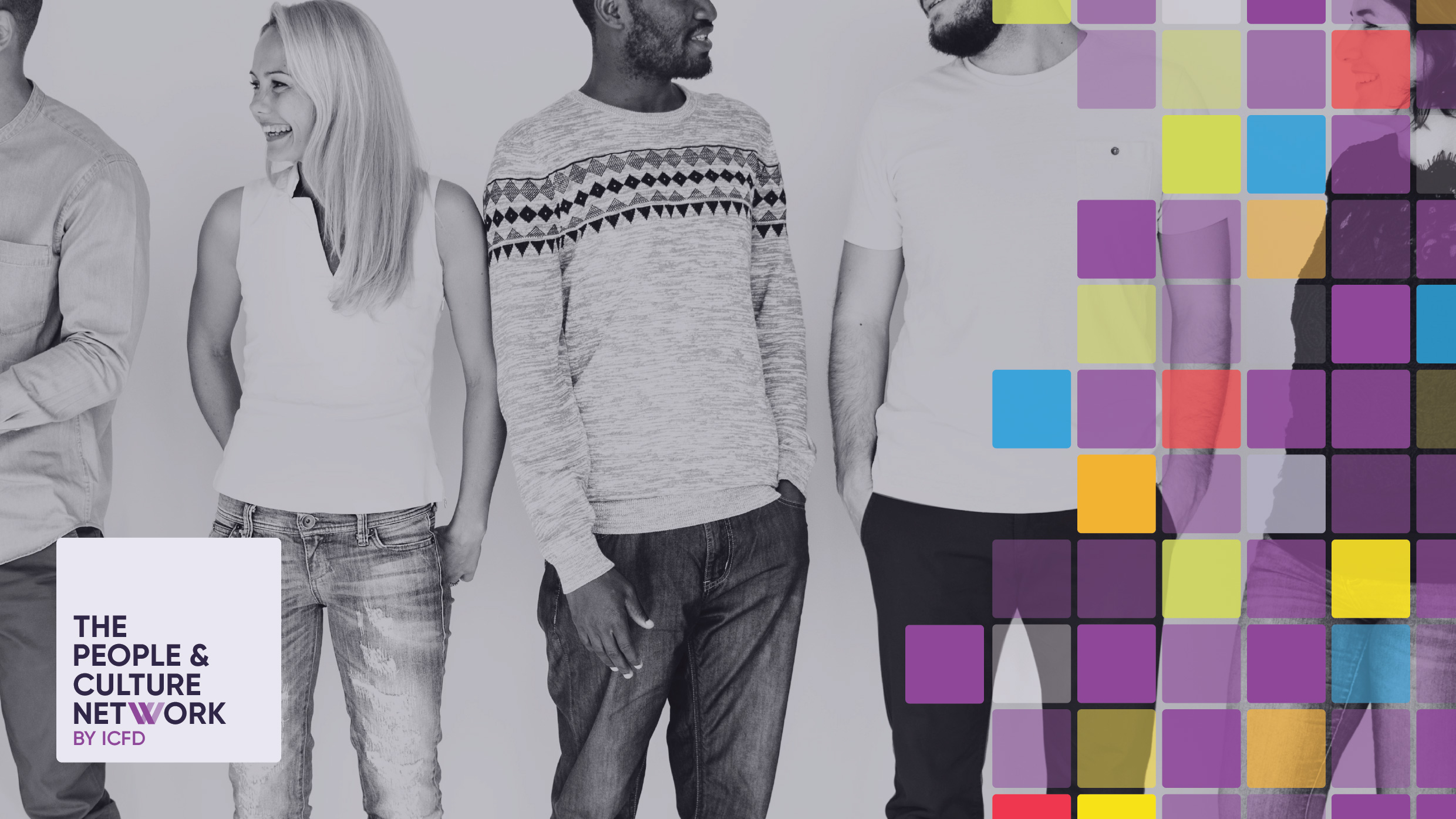 5 smiling people standing shoulder to shoulder. There are a series of coloured blocks/bricks overlaid in a vertical line on the right hand side of the image and a logo in the bottom left corner